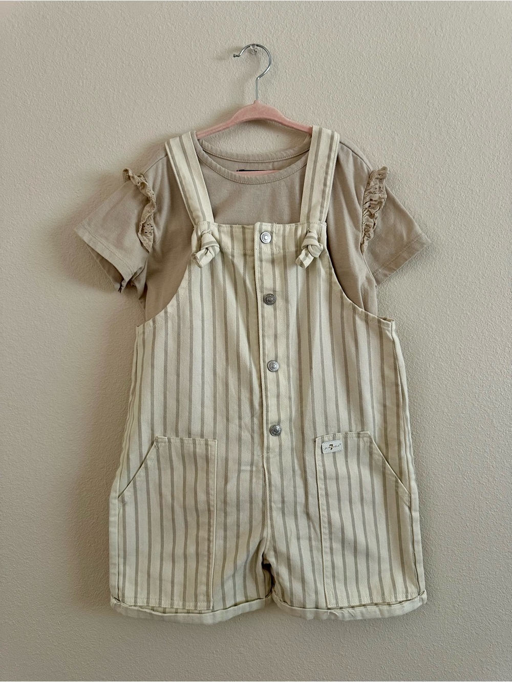 7 For All Mankind Cream Striped Short Overalls